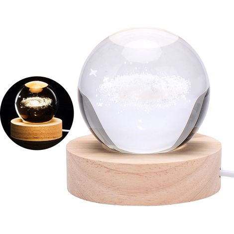 Lampe globe en cristal gravée en 3D, veilleuse boule de cristal lumineuse, lampe d'ambiance romantique avec socle en bois (1/5)
