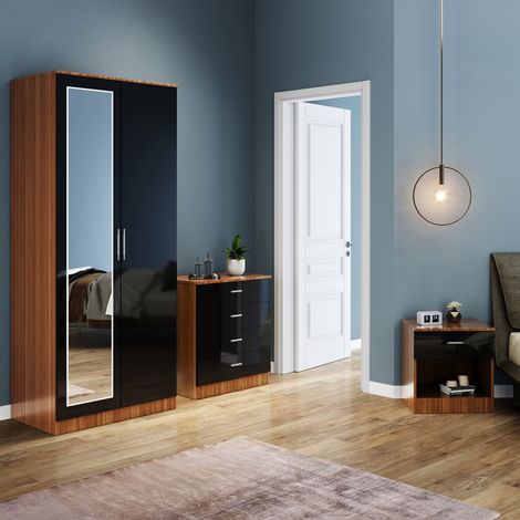 ELEGANT Wardrobe Set High Gloss 3 Piece Bedroom Storage Furniture Include 2 Soft Close Doors Wardrobe and 4 Drawer Chest and Bedside Cabinet, Black/Walnut with Mirror (1/5)