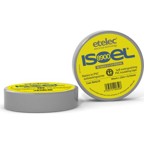 Nastro Adesivo Isolante PVC, Impiego Generale Protezione Connessioni Elettriche Cavi Bassa Tensione, 19 x 25 mm, Spessore 0,15 mm, Grigio