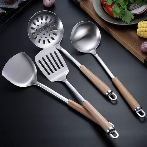 4-teiliges Küchenhelfer-Set aus Edelstahl (304): Pfannenwender, Schöpfkelle, Sieb und Schaumlöffel mit langen, hitzebeständigen Holzgriffen. (4 runde Griffe) (1/5)