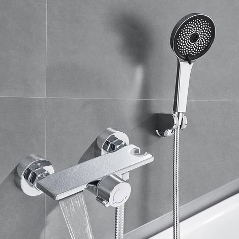 Mitigeur Baignoire, Robinet Baignoire avec Douchette 5 Jets, Robinet Salle Bain Baignoire Mural avec Flexible 1,5m Gris Couleur Chrome (1/5)