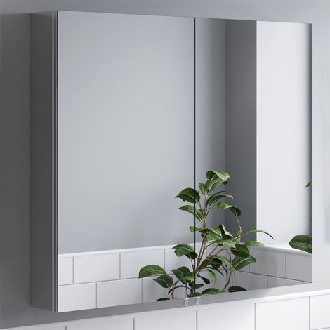Bathroom Double Door Mirror Stainless Steel Sleek Modern Cabinet 800 x 700mm