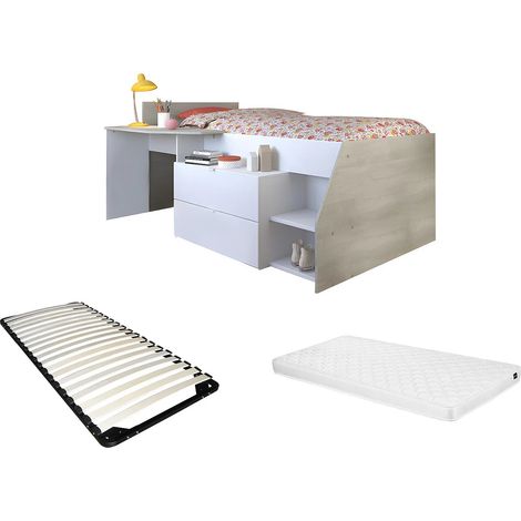 Letto con scrivania e vani portaoggetti inclusi 90 x 190/200 cm Bianco e naturale + materasso + rete GISELE (1/5)