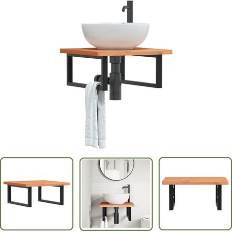 The Living Store Étagère de vasque murale acier et bois massif de hêtre - Meuble De Salle De Bain - Étagère De Salle De Bain - Étagère Murale - Meuble Lavabo - Rangement Salle De Bain (1/5)
