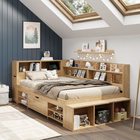 Letto singolo 90x200 cm naturale in compensato con contenitori e librerie (1/5)