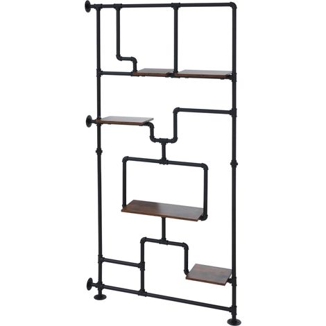 Separador de ambientes con estantería HHG-617, estantería para salón, estantería de almacenamiento, metal industrial melamina MVG 203 x 100 x 20 cm, marrón oscuro