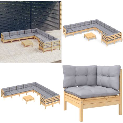 11-tlg. Garten-Lounge-Set mit Grauen Kissen Kiefernholz - Garten-Lounge-Set - Garten-Lounge-Sets - Home & Living (1/5)