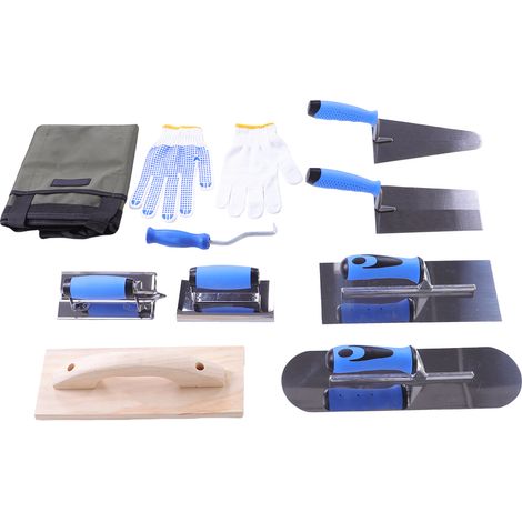 Kit d'outils de maçonnerie, ensemble de 10 pièces avec truelles d'angle, truelle à brique, crochet de barre de renfort, gants et sac de rangement pour travaux de béton, carrelage, plâtrerie (1/5)