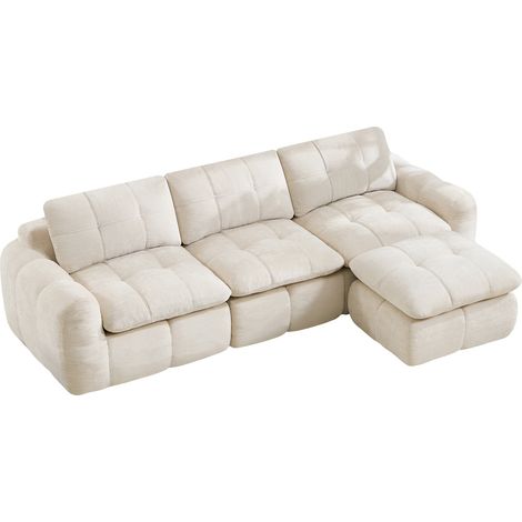 Divano modulare a L senza struttura 3 posti in ciniglia beige con 1 pouf (1/5)