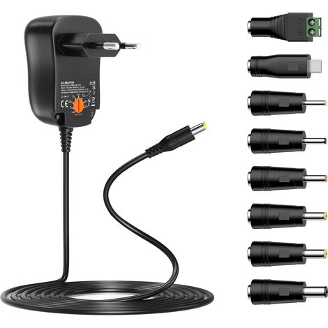 24W Adaptateur Secteur Universel AC DC 3V 4.5V 5V 6V 7.5V 9V 12V 2A Chargeur Transformateur d'alimentation à Découpage avec 8 Prises DC pour électroniques Ménagers, 2000mA Max (1/5)