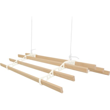 Étendoir de plafond avec système de poulies couleur IVOIRE et 6 lattes en bois de 1,5 m  Capacité de charge de 30 kg  Kit de fixation GRATUIT  Étendoir suspendu pour sécher le linge