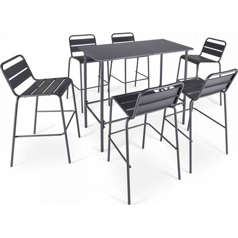 Oviala – Ensemble table haute rectangulaire 6 places en métal gris – Structure acier thermolaqué – Finition anti-rouille et anti-UV – Design contemporain (1/5)