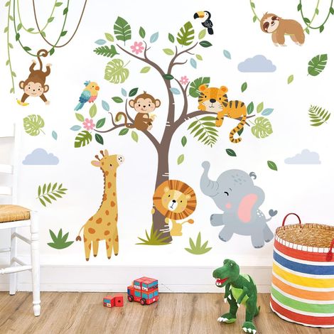Stickers muraux animaux de la jungle animaux de la forêt singes arbre art mural pour chambre d'enfant, chambre de bébé, décoration de fête d'anniversaire, décoration de salle (1/4)