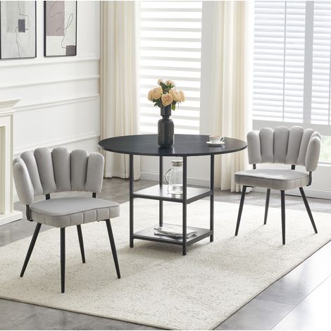 REDOM conjunto de comedor 107x107x75 cm, mesa redonda con doble estante y 2 sillas, MDF metal tela, negro y gris claro (1/5)