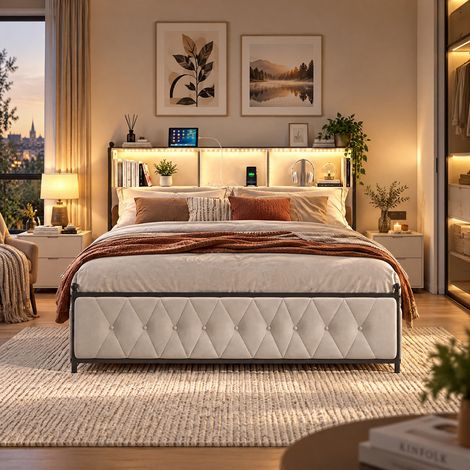 HYTKKBD – Lit avec Tiroirs 160x200cm,Lit Capitonné avec Éclairage LED,Ports USB et Type-C,Lit Double avec 4 Tiroirs de Rangement,Tête de lit avec Rangement,Velours,Beige (1/5)