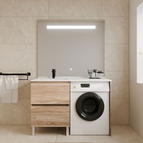 Meuble lave-linge IDEA, plan vasque déportée + Miroir Elégance h105- Bois- Vasque à gauche