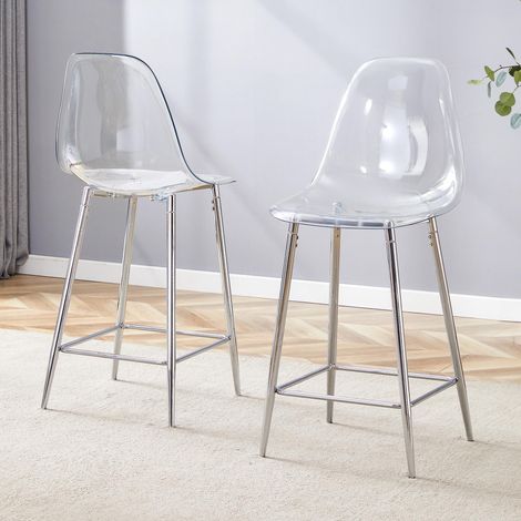 Lot 2 tabourets de bar transparents, structure métal argenté/doré/noir, design moderne, cuisine bar restaurant, chaises seules (1/5)