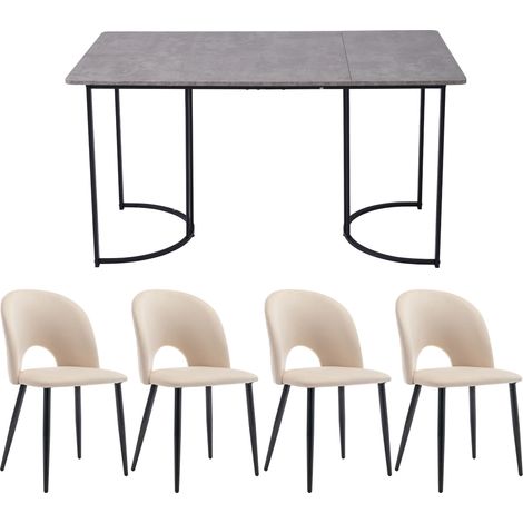 Set tavolo da pranzo 140 x 80 cm con 4 sedie in velluto beige e piano MDF effetto marmo (1/5)