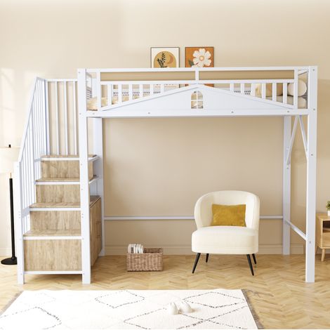 CHICFURN Letto a soppalco per bambini 90x200 cm in metallo bianco con scala contenitore (1/5)