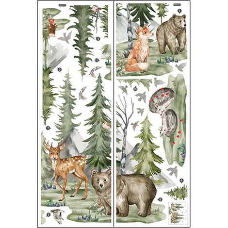 Autocollants Muraux Enfant - Décalcomanies Forêt Ours Cerf Lapin - Auto-Adhésifs PVC Sans Colle - Pour Chambre Bébé et Nursery - Lot de 2 (1/5)