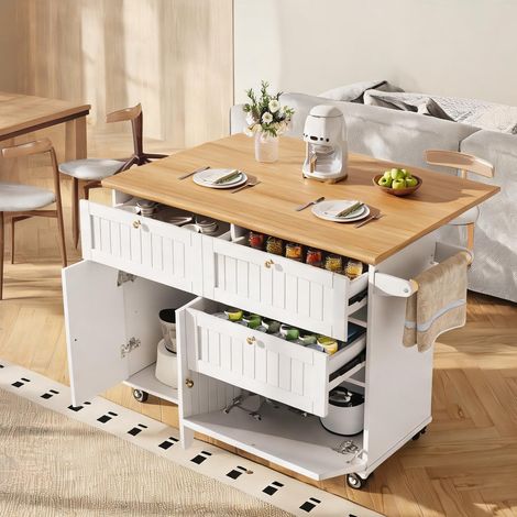 Îlot de cuisine avec rangement et table extensible blanc en MDF (1/5)