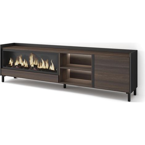 Skraut Home - Mobile TV Soggiorno, Ampio spazio a disposizione, 212x35x61cm, Per TV fino a 80", Camino elettrico XXL, Design industriale, LED, Stile moderno, Rovere scuro e Nero (1/5)