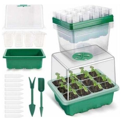 Paquete de 5 bandejas para semillas, bandejas de cultivo con tapa, mini invernadero para plántulas, germinación, cultivo de flores y plantas (12 celdas por bandeja).