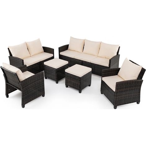 Salon de Jardin Extérieur 6 Pièces, en Rotin avec Canapé 3 Places, Canapé 2 Places, 2 Fauteuils, 2 Poufs Polyvalents, Coussins Amovibles, Beige (1/5)