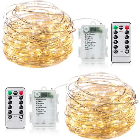 Guirnalda de luces LED a pilas, paquete de 2, 100 luces LED parpadeantes con control remoto, resistente al agua para dormitorios, interiores, exteriores, bodas, luz blanca cálida. (1/5)