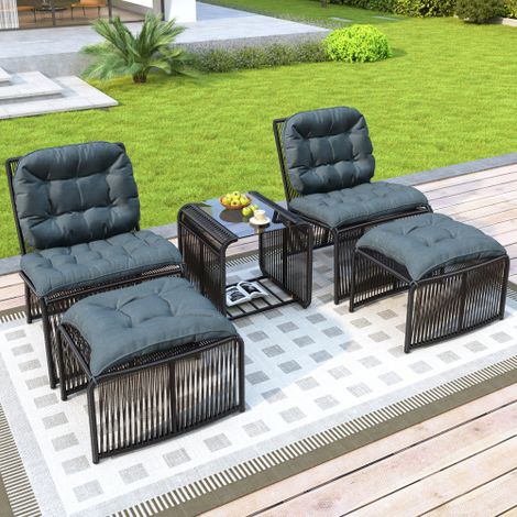 Salon de jardin encastrable 5 pièces - 1 table, 2 fauteuils et 2 poufs en résine tressée - noir et gris
