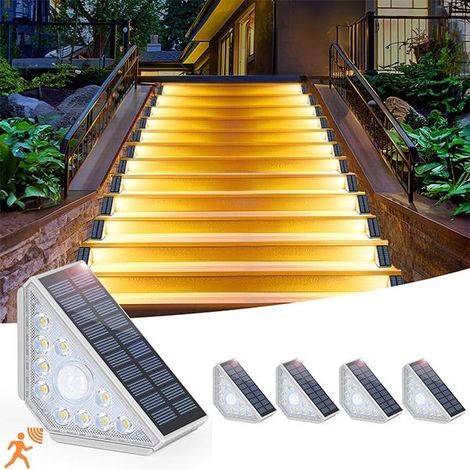 Lampes solaires d'escalier à capteur de mouvement, paquet de 4 lampes solaires pour l'extérieur, étanche IP65, lumière blanche chaude (1/5)