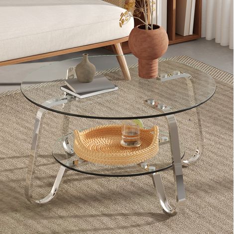 Mesa de centro redonda (90.5x89.0x10.5 cm), de dos niveles, vidrio templado transparente, metal plateado (1/5)
