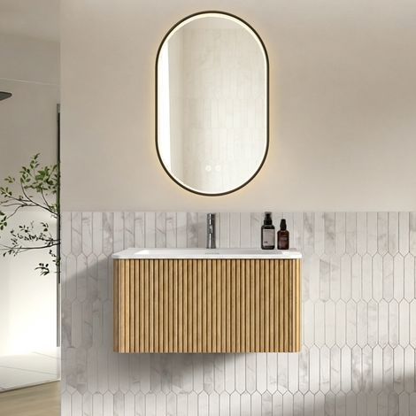 REDOM conjunto de mueble de baño con espejo LED, flotante, lavabo integrado, antivaho, aluminio, vidrio, MDF, contrachapado, roble (1/5)