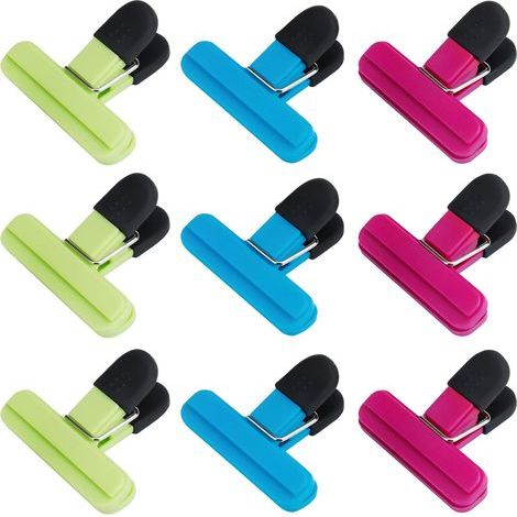 JSSEVN - Food Bag Clips, 9 Pieces Plastic Clips Sealing Clips Bag Closers Colorful Clip Clamp Sealer for Coffee Potatoes and Food Bags (3 Colors) (1/5)