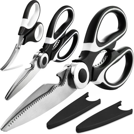 Tijeras de cocina multiusos, paquete de 3 - Tijeras de cocina de acero inoxidable resistentes para cortar carne y alimentos, tijeras afiladas multiusos, aptas para lavavajillas (1/5)