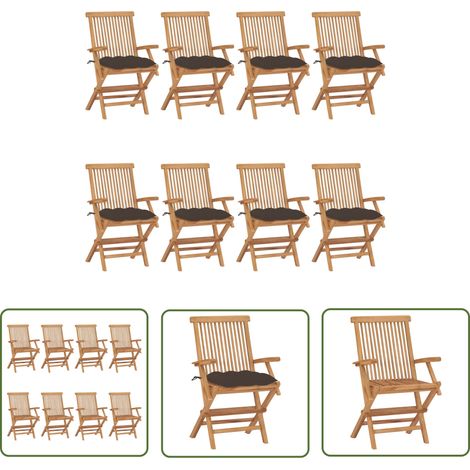 The Living Store Chaises de jardin avec coussins taupe lot de 8 Bois teck massif - Chaise De Jardin - Mobilier De Jardin - Fauteuil De Jardin - Meubles De Jardin - Set De Chaises De Jardin (1/5)