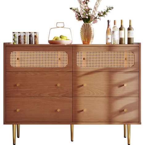 Commode 120×40×90 cm Moderne En Noyer Avec 6 Tiroirs En Rotin, Buffet Haut Pour Chambre Et Salon (1/5)