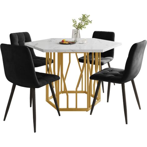 Table hexagonale marbrée, pieds dorés et 4 chaises velours noir