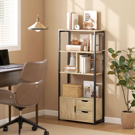 Bibliothèque style industriel 3 étagères placard porte 2 tiroirs 58 x 24 x 122 cm effet bois naturel acier noir (1/5)