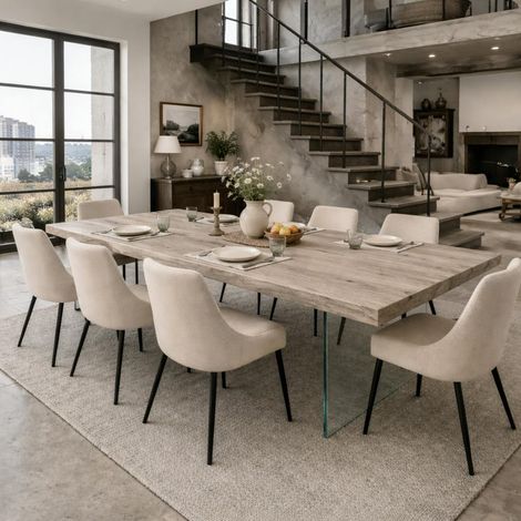 Table extensible chêne grisé bords naturels pieds verre 220 cm PALERME