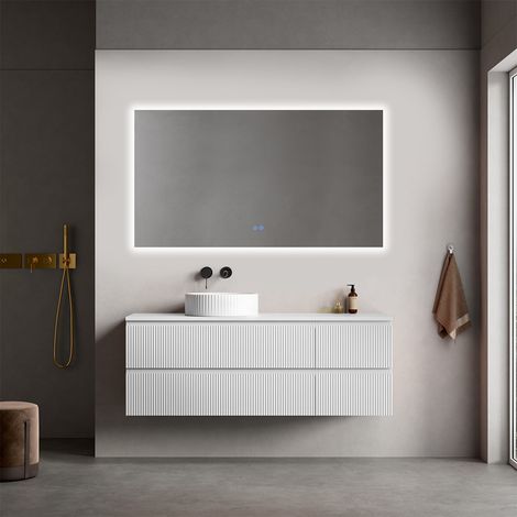 Mobile bagno sospeso cannettato reversibile 140 cm Bianco Opaco per Lavabo d'appoggio Specchio Quadro Retroilluminato - Fiji Paint Top Canneté (1/4)