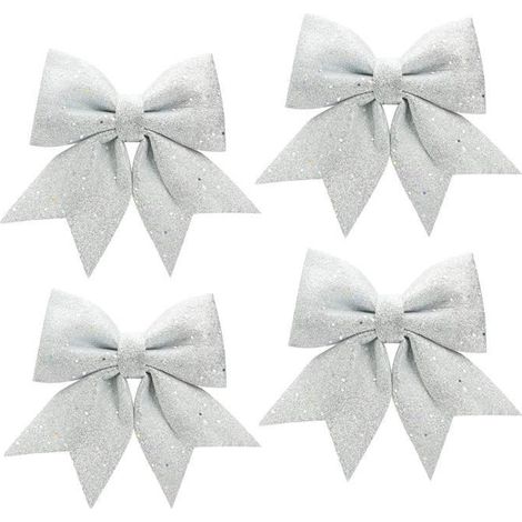 VIPITH Weihnachtsbaumschleifen mit Glitzer, 4 Stück, silberfarben (12 x 15 cm) – festliche Schleifen-Dekoration für den Weihnachtsba