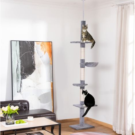 Árbol para gatos de felpa y sisal gris, 5 niveles para rascar, descansar y trepar, 40 x 34 x 230-260 cm (1/5)