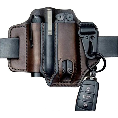 LIFCAUSAL Étui multi-outils pour ceinture, organisateur de poche EDC en cuir pour hommes, étui Leatherman avec porte-stylo, porte-clés, étui pour lampe de poche, pochette en cuir EDC (marron) (1/7)