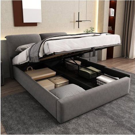 Lit Coffre 140x190cm Velours Gris 3 Tiroirs Avec Rangements Spacieux - Lit Remb - Tête De Lit Réglable Sommier À Lattes Hydraulique. (1/5)