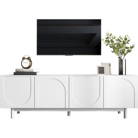 Meuble TV Moderne Blanc 175x38x56 cm, Tablettes Réglables, Lowboard Léger Style Luxueux (1/5)