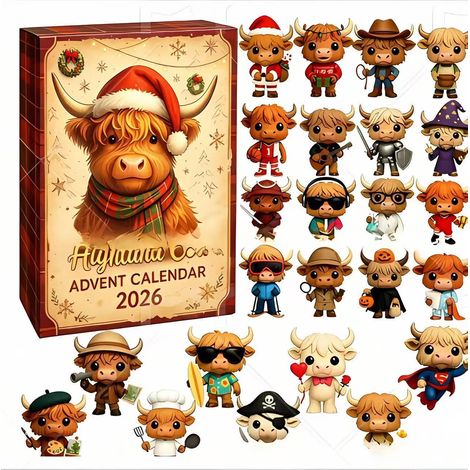New Scottish Highland Bull Countdown Blind Box Christmas Tree Decoration Hanging Plastic 3D - Highland Bull with Hat - Style B -