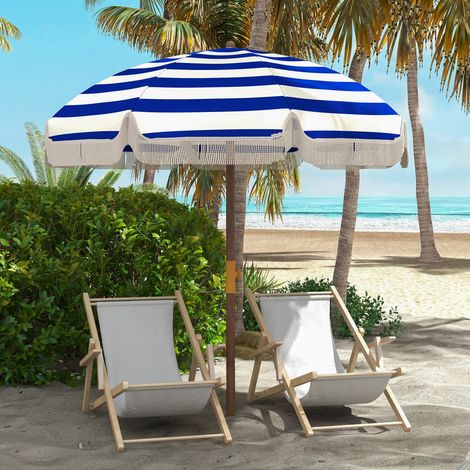 Ombrellone da spiaggia con frange Ø190x210 cm con protezione UV40+, antivento, impermeabile, con borsa per il trasporto, blu e bianco