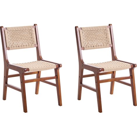 Conjunto de 2 sillas de comedor estructura de madera de caucho asiento y respaldo de cuerda de papel comedor boho marrón y beige Ozella