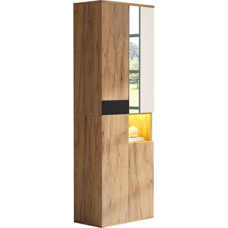 ELVMI Armadio Alto con 4 Ante, Vano Aperto e Specchio per Ingresso, 65 x 35 x 190 cm, Nero e Naturale (1/5)